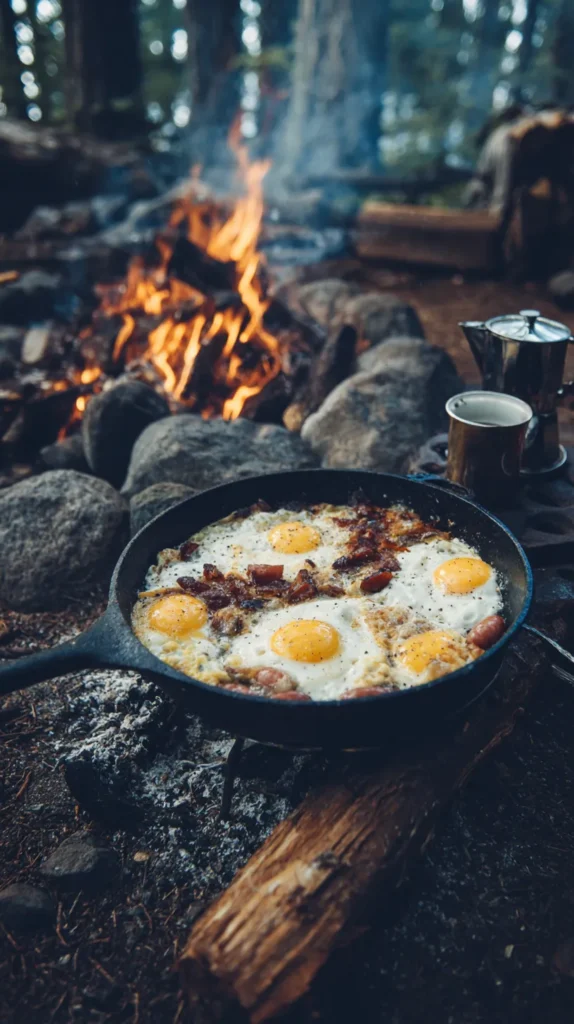 skillet cooking over an open fire