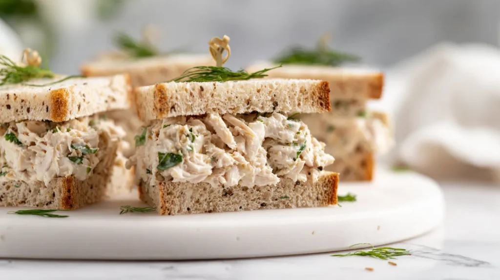 Chicken apple tarragon tea sandwiches on crustless whole wheat bread, filled with finely diced chicken, crisp apple pieces, and fresh tarragon, arranged neatly on a white plate in bright natural light.