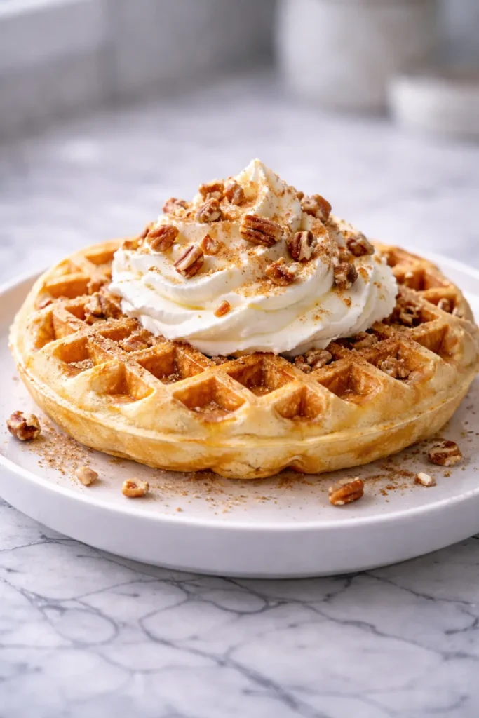 sourdough waffles topped with cream, pecans and brown sugar