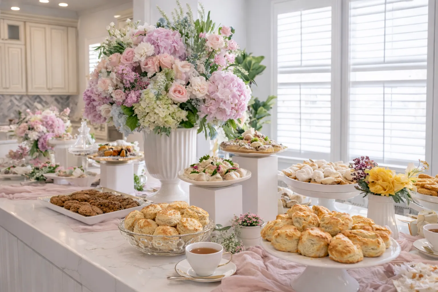 beautiful table set for lunch, serving platters, large floral arrangement, shades of pink