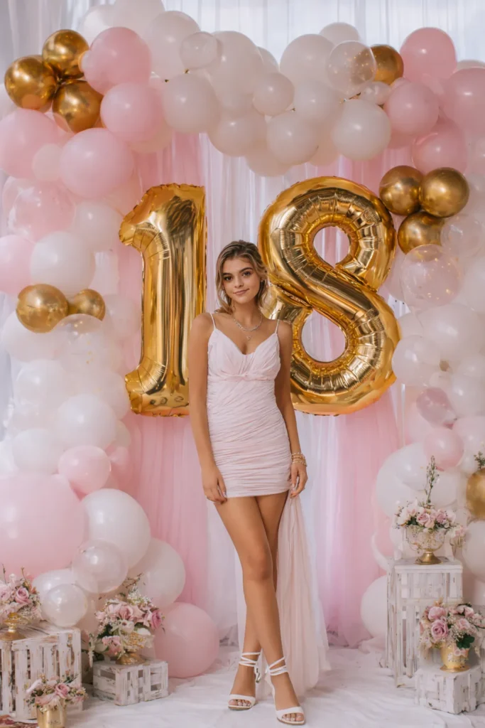 girl holding gold-tone 18 balloons in front of a pink and white balloon photo backdrop at a birthday party