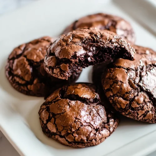 Crackly topped chocolate brownie cookies stacked on a plate, one split to reveal the soft middle