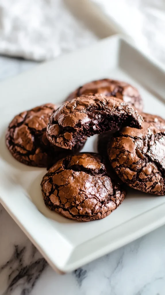 Crackly topped chocolate brownie cookies stacked on a plate, one split to reveal the soft middle