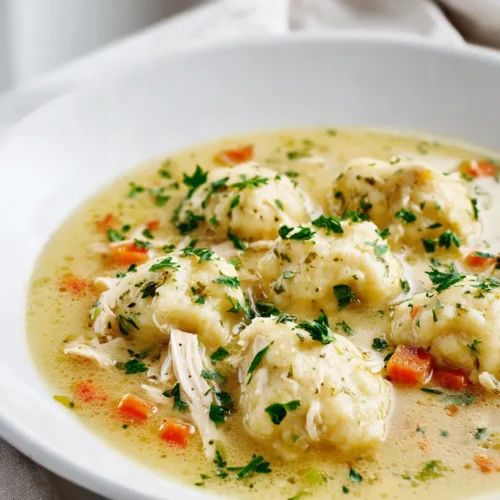 White ceramic bowl of crockpot chicken and dumplings with fluffy drop dumplings, shredded chicken, peas, carrots, and creamy golden broth on a white marble counter.
