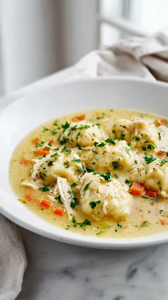 White ceramic bowl of crockpot chicken and dumplings with fluffy drop dumplings, shredded chicken, peas, carrots, and creamy golden broth on a white marble counter.