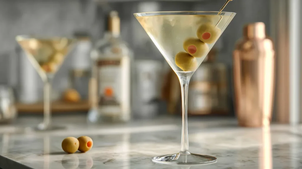 Side view of a chilled dirty martini in a clear martini glass with three green olives on a metal pick, light condensation on the glass, set on a white marble countertop with a softly blurred kitchen background.