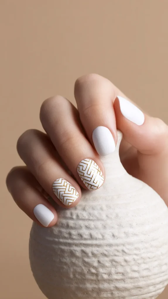 white and gold patterned manicure