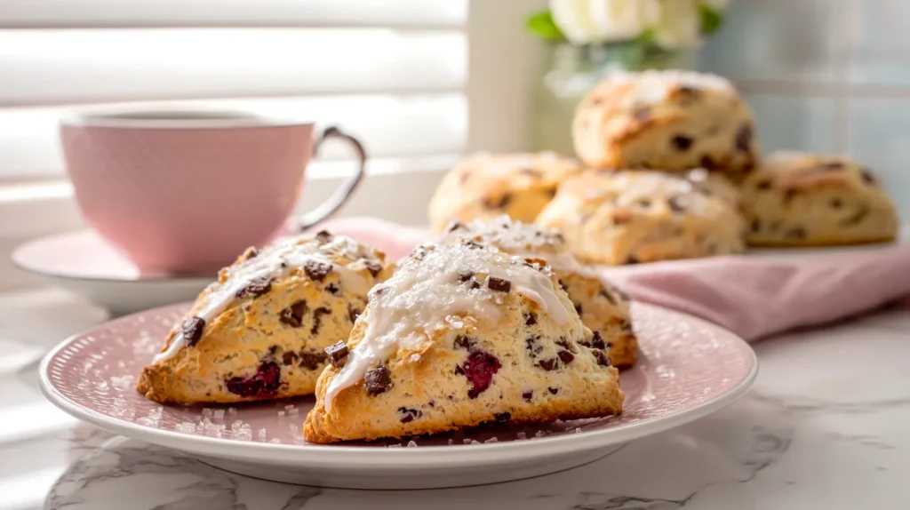 tea party menu, scones on a pink plate next to a pink tea cup