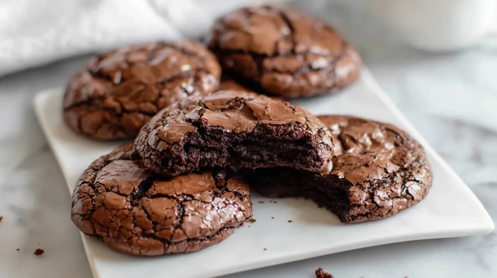 Chocolate brownie cookies on a square white plate, with one broken open to show a fudgy center