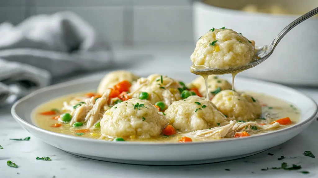 Overhead close-up of a spoon lifting a fluffy dumpling from creamy crockpot chicken and dumplings, showing shredded chicken, peas, carrots, and lightly thickened golden broth on a white ceramic plate.