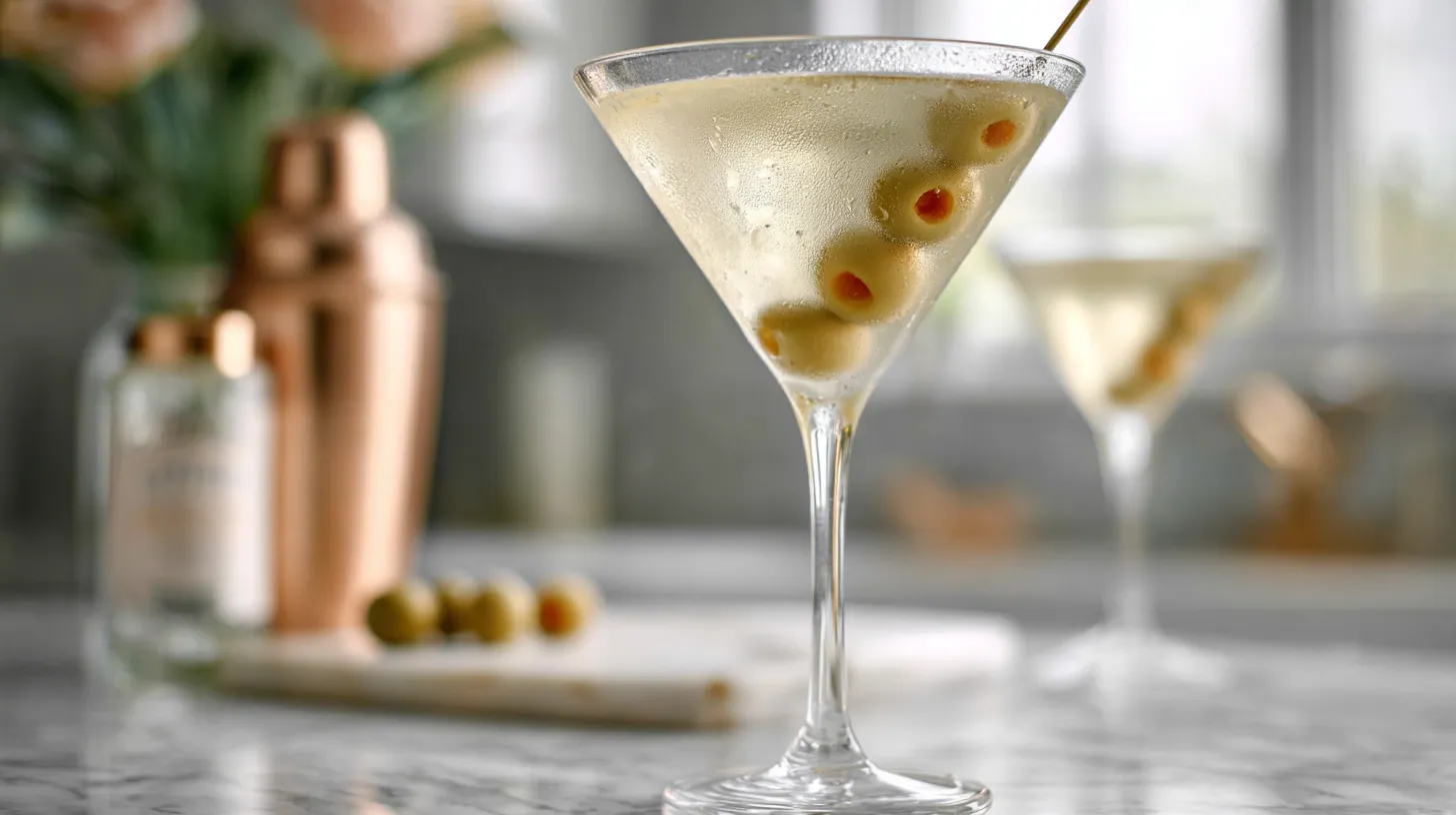 Side view of a chilled dirty martini in a clear martini glass with three green olives on a metal pick, light condensation on the glass, set on a white marble countertop with a softly blurred kitchen background.