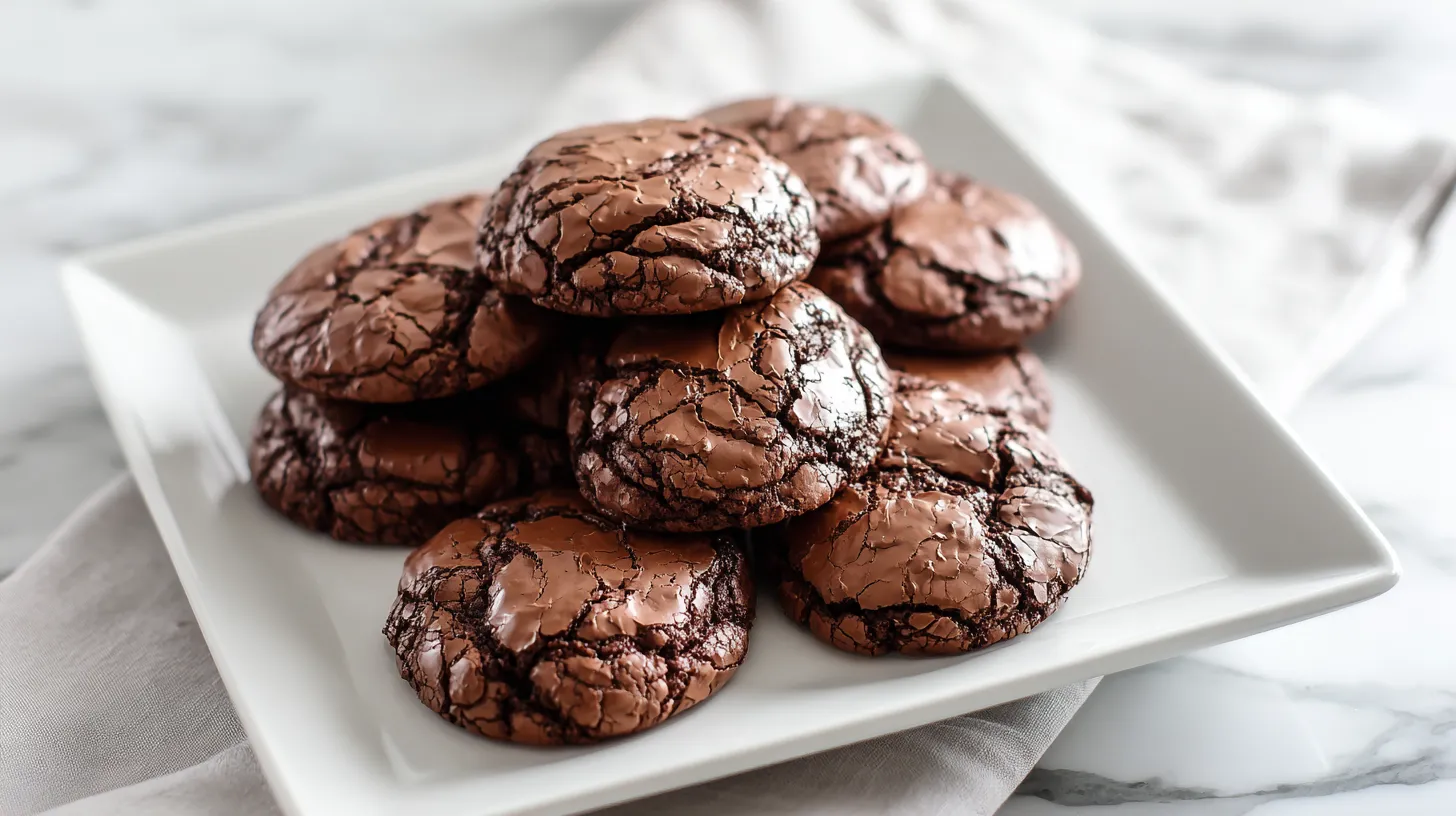Square white plate piled with chocolate brownie cookies with crackly tops