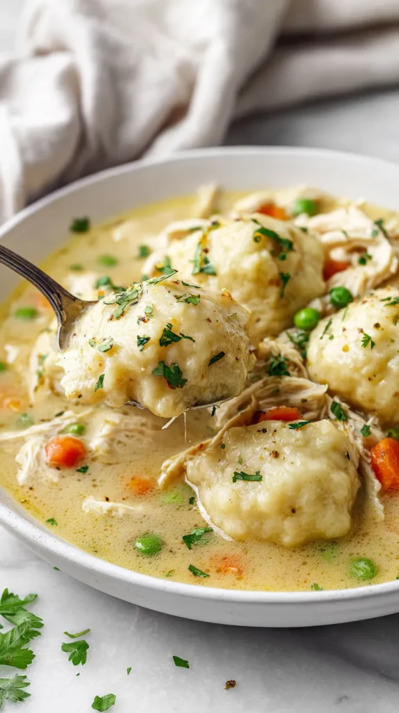Spoon lifting a soft dumpling from crockpot chicken and dumplings with shredded chicken, peas, carrots, and creamy broth on a white marble counter.