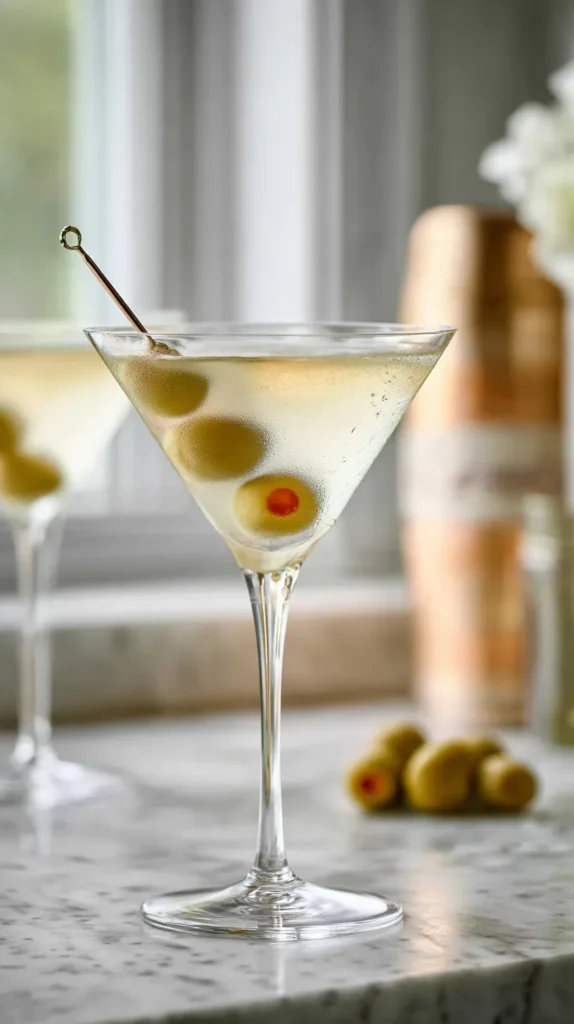 Side view of a chilled dirty martini in a clear martini glass with three green olives on a metal pick, light condensation on the glass, set on a white marble countertop with a softly blurred kitchen background.
