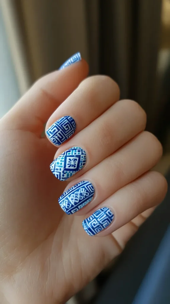 blue tile pattern manicure