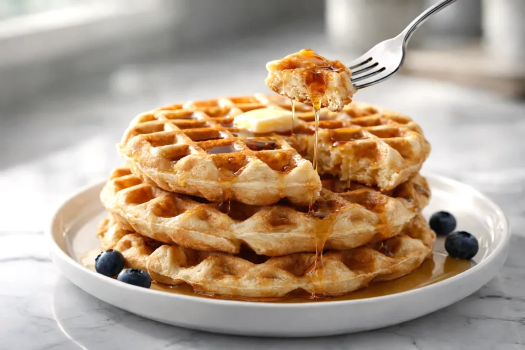 three stack of sourdough waffles, with blueberries and butter
