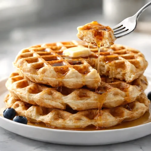 three stack of sourdough waffles, with blueberries and butter