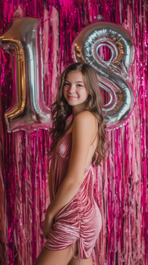girl posing for her 18th birthday party, pink backdrop, pink dress