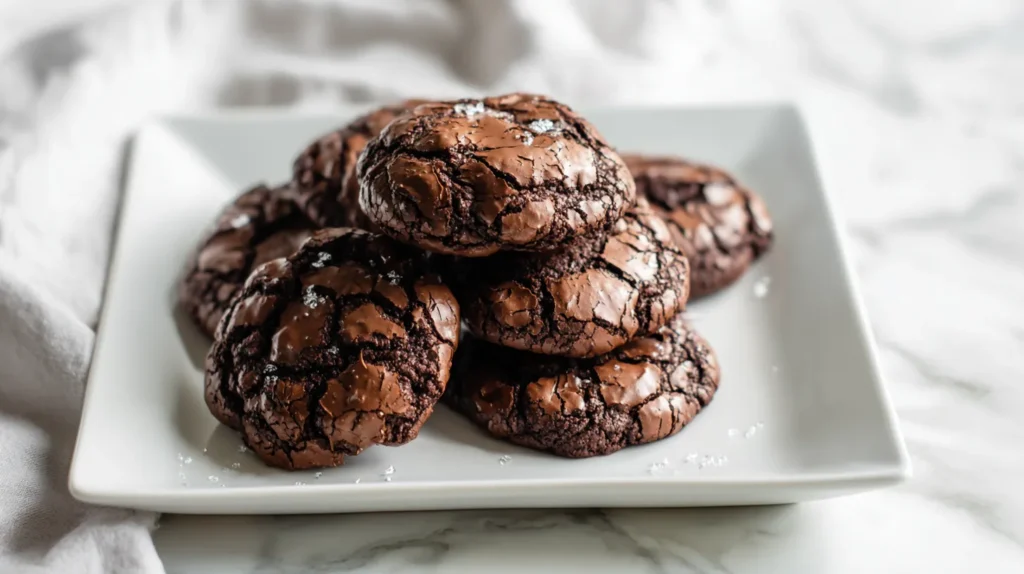 Square white plate holding rich chocolate brownie cookies with glossy, crinkly tops