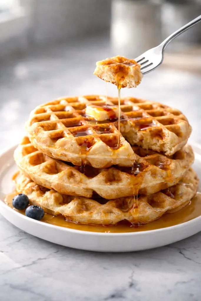 fork taking a bite sized piece off of a stack of waffles