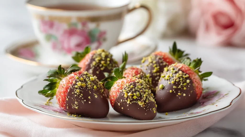 chocolate dipped strawberries covered in crushed pistachios 