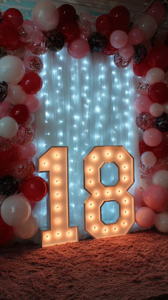 18 lit up in lights, balloon arch