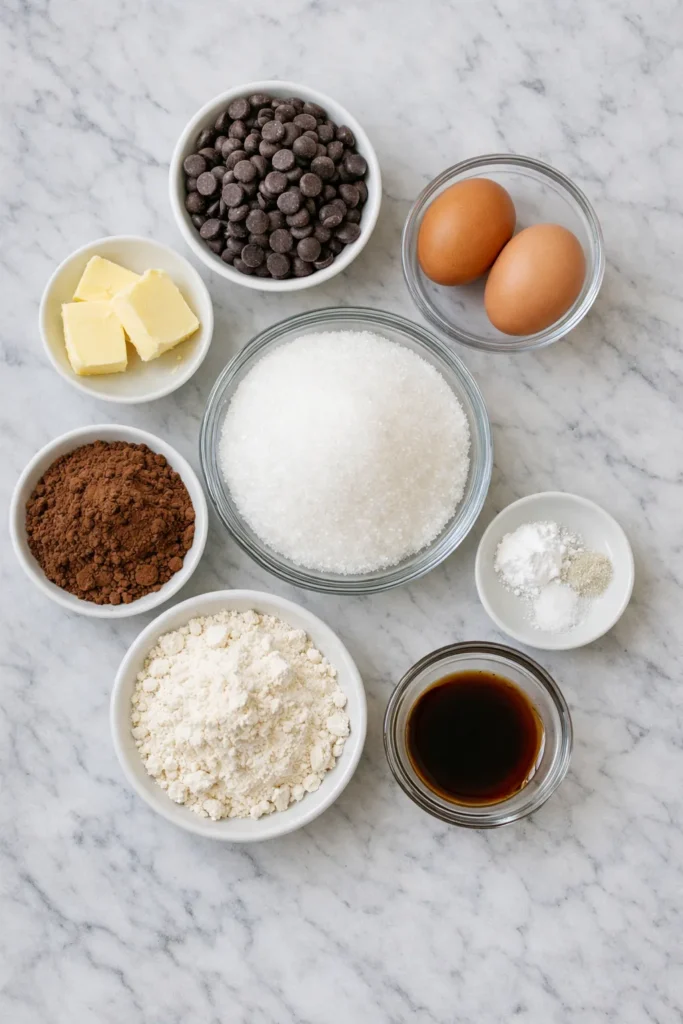 Overhead view of baking ingredients in small bowls on a white marble countertop, including chocolate chips, sugar, eggs, butter, cocoa powder, flour, baking powder, salt, and vanilla.