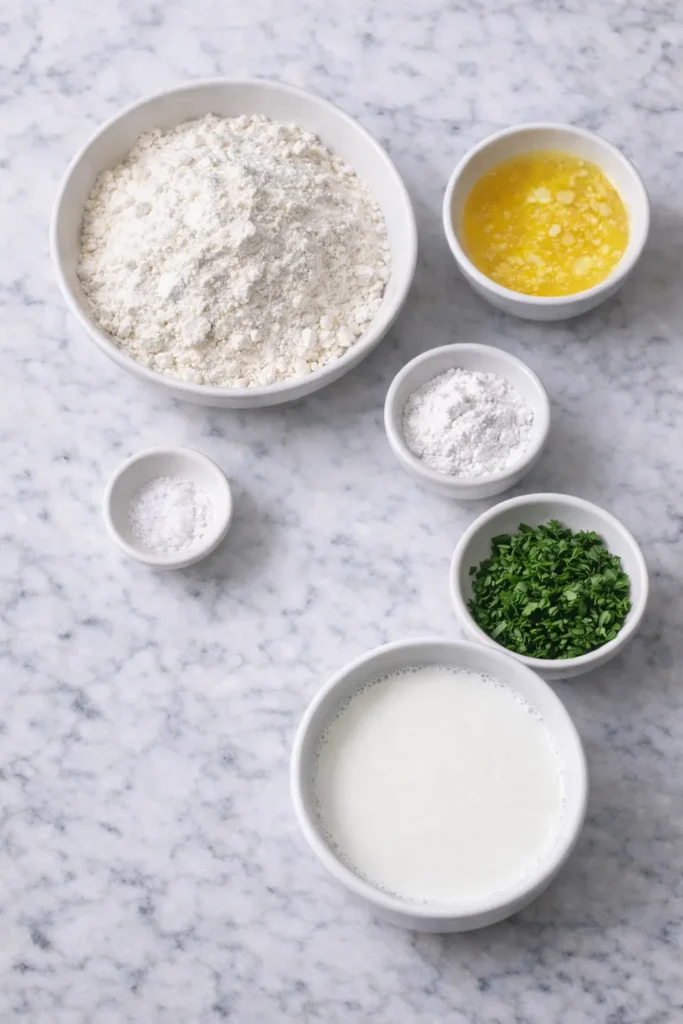 dumpling ingredients in small bowls on the counter