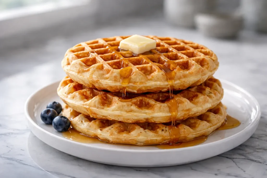 sourdough waffles topped with butter, syrup and blueberries
