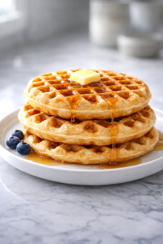 sourdough waffles with butter, blueberries, syrup, on white plate