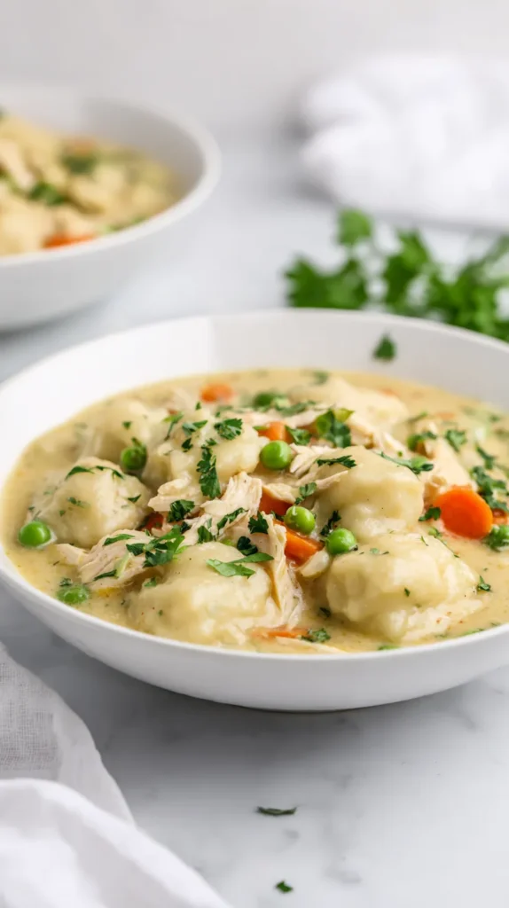 Highly detailed photorealistic hero image of crockpot chicken and dumplings served in a white ceramic bowl, creamy golden broth with visible tender shredded chicken, soft fluffy rustic drop dumplings, sliced carrots, peas, and celery visible throughout, fresh chopped parsley sprinkled on top, rich but not overly thick consistency, cozy homemade presentation, set on a bright white marble kitchen counter, airy white kitchen background softly blurred, soft natural window light, clean composition