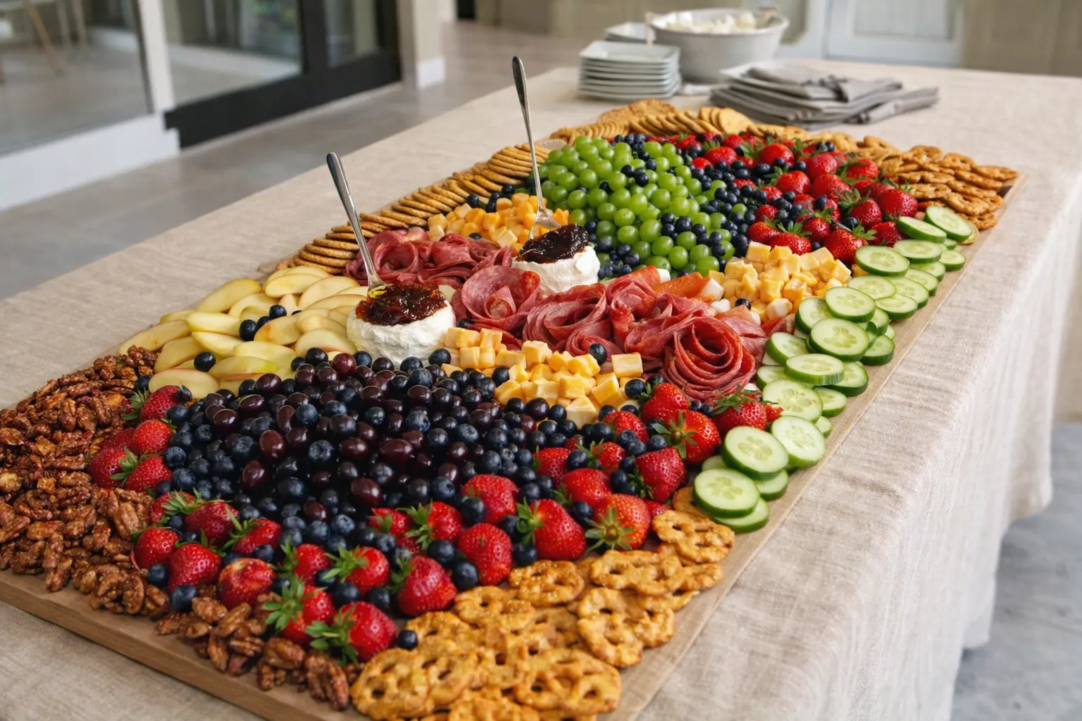 long charcuterie grazing table