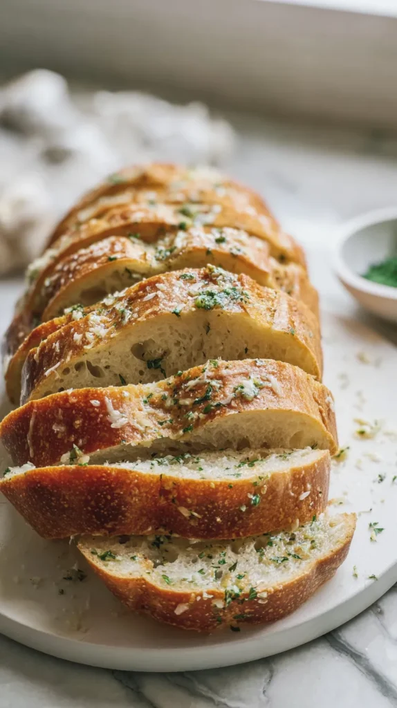 Sliced sourdough garlic bread fanned on a white plate with buttery herb topping.