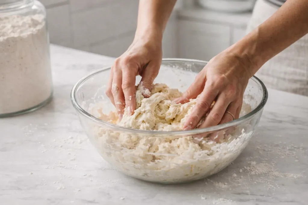 female hands with a light pink manicure mixing sourdough starter, milk, honey, butter, flour, and salt in a clear glass mixing bowl, shaggy sticky dough just coming together, a flour jar nearby with no labels