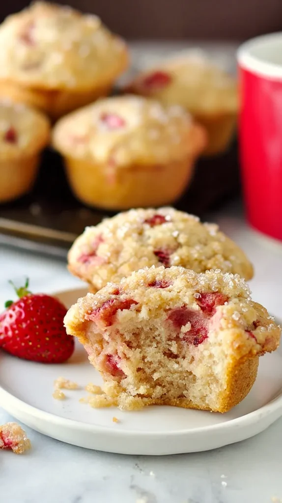 Bakery-style strawberry muffins on a white plate in a bright kitchen, topped with coarse sugar and fresh strawberry pieces.