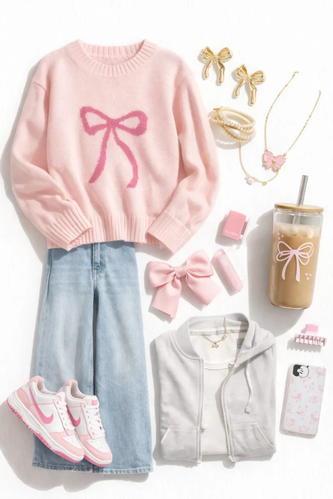 tween outfit flat lay on a clean white background, soft blush pink knit sweater with a bow motif, light wash wide leg jeans, pink and white sneakers, matching pink hair bow, gold bow earrings, delicate bow necklace, stacked pearl and gold bracelets, pink lip gloss, pale pink claw clip, iced coffee cup with bow decal, neat magazine style cutout collage, bright natural window light