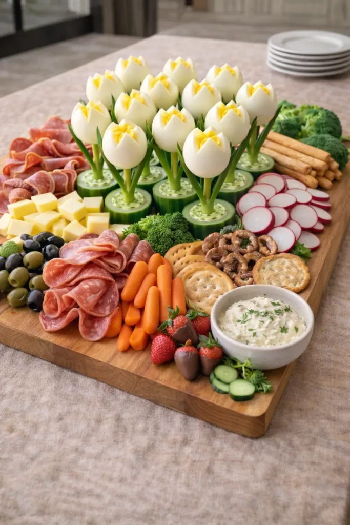 spring-theme food board,  hard boiled egg flowers