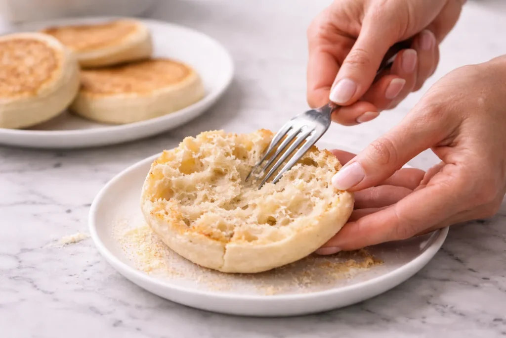female hands with a light pink manicure using a fork to split open a cooled sourdough English muffin, craggy interior with nooks and crannies visible, toasted golden edges nearby