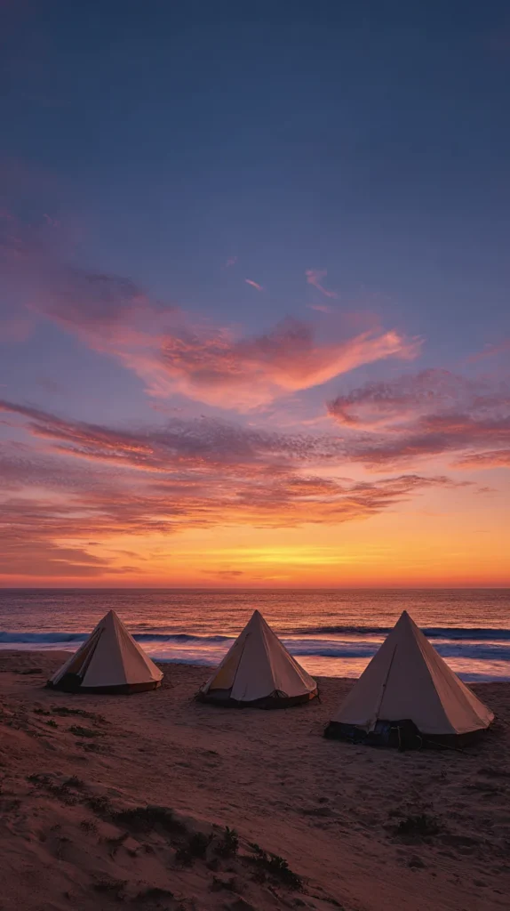 three teepee style tents on the beach at sunset