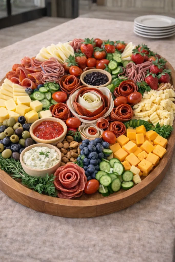 small circular wooden tray filled with different finger foods