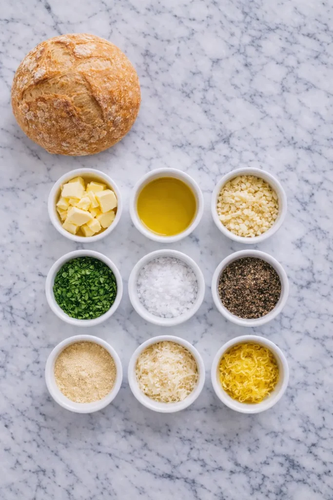 Flat lay of sourdough garlic bread ingredients in small bowls on a white marble counter.