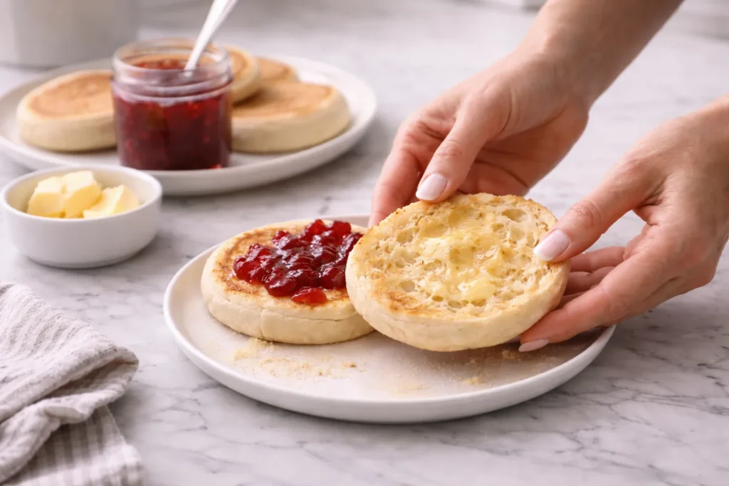 freshly toasted sourdough English muffins split open and served with melted butter and jam, craggy interiors clearly visible, soft golden texture, female hands with a light pink manicure placing one muffin half on a simple white plate