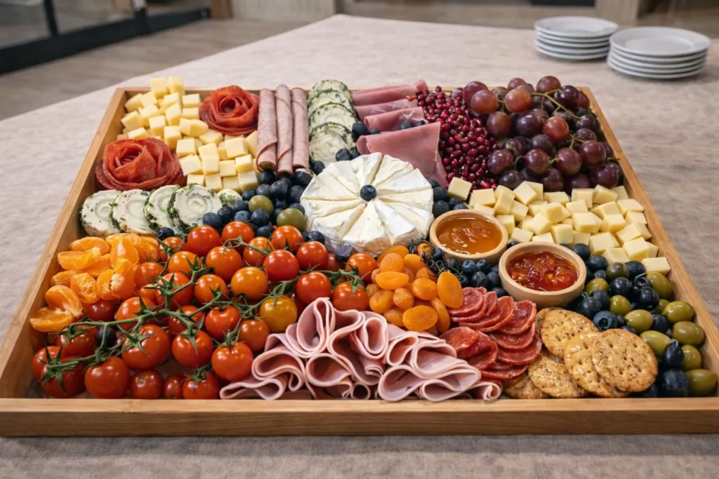wooden rectangular board of charcuterie