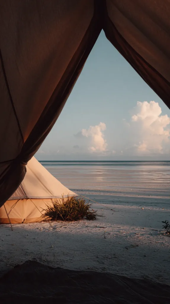 view from inside a camping tent peeking out to the beach