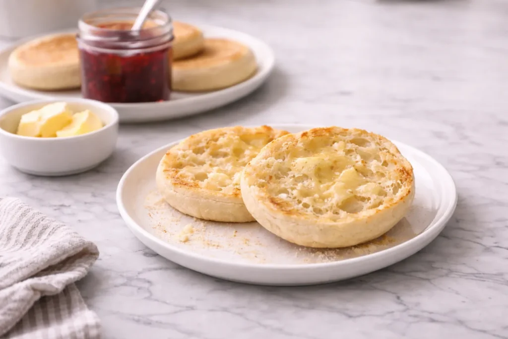 split open English muffin with melting butter