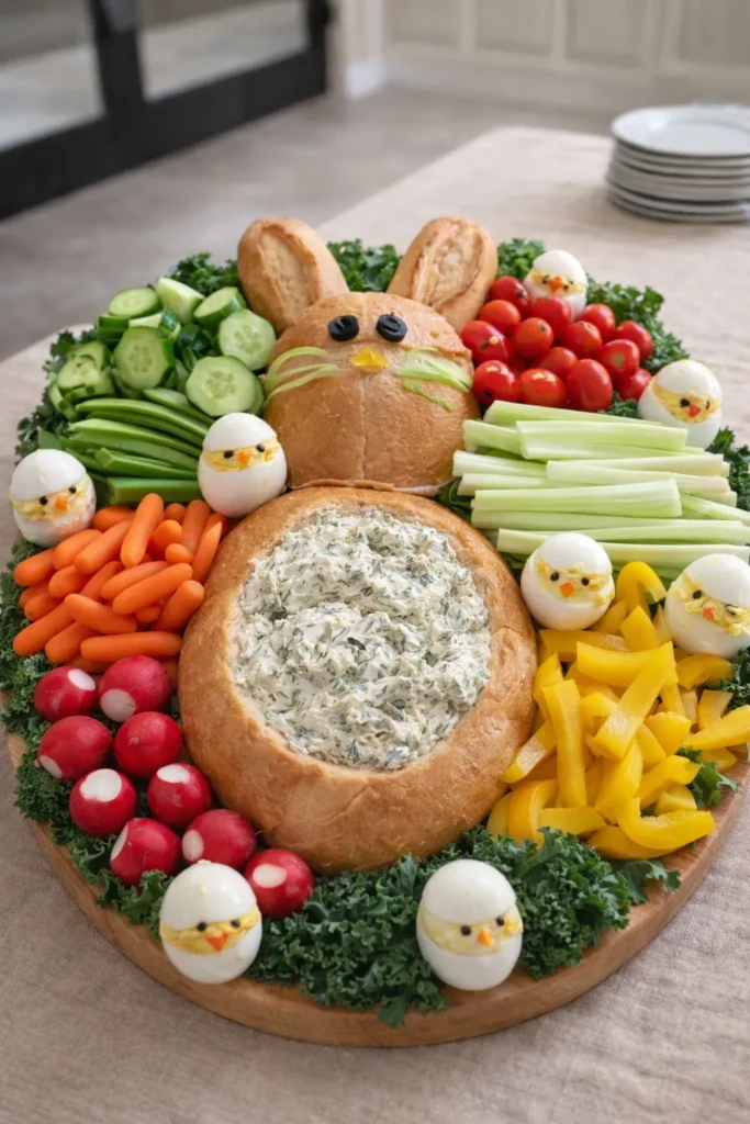 bunny spinach dip bread holder with veggies