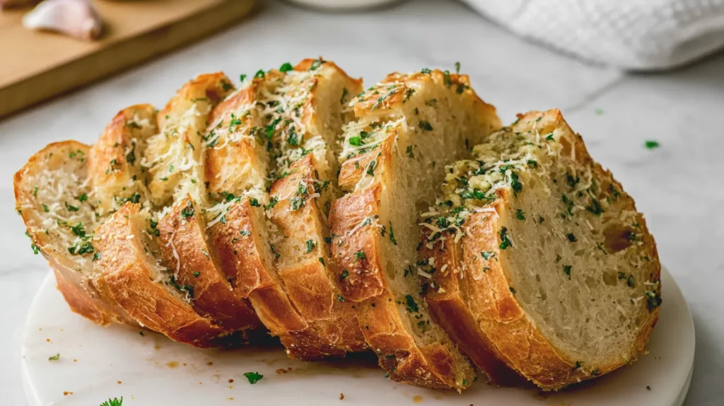 Sliced sourdough garlic bread fanned on a white plate with buttery herb topping.