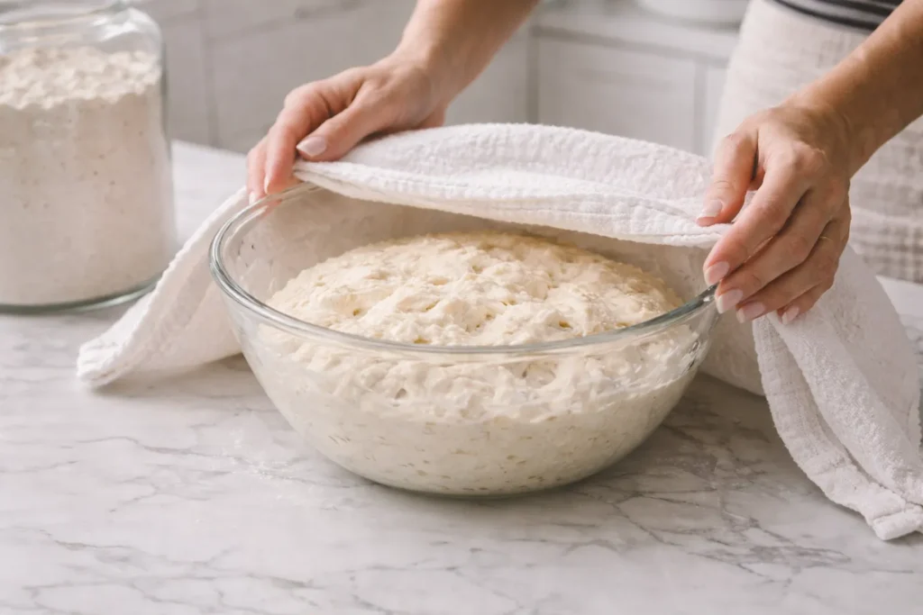 glass bowl holding soft sourdough English muffin dough after mixing, dough looking slightly puffy and airy from fermentation, female hands with a light pink manicure gently placing a plain white towel loosely over the bowl