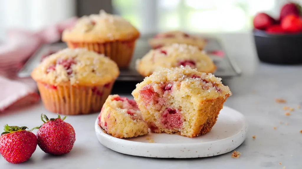 Soft strawberry muffins on a white plate over a white marble counter, with one muffin opened to show the moist center.