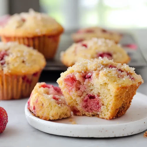 Soft strawberry muffins on a white plate over a white marble counter, with one muffin opened to show the moist center.